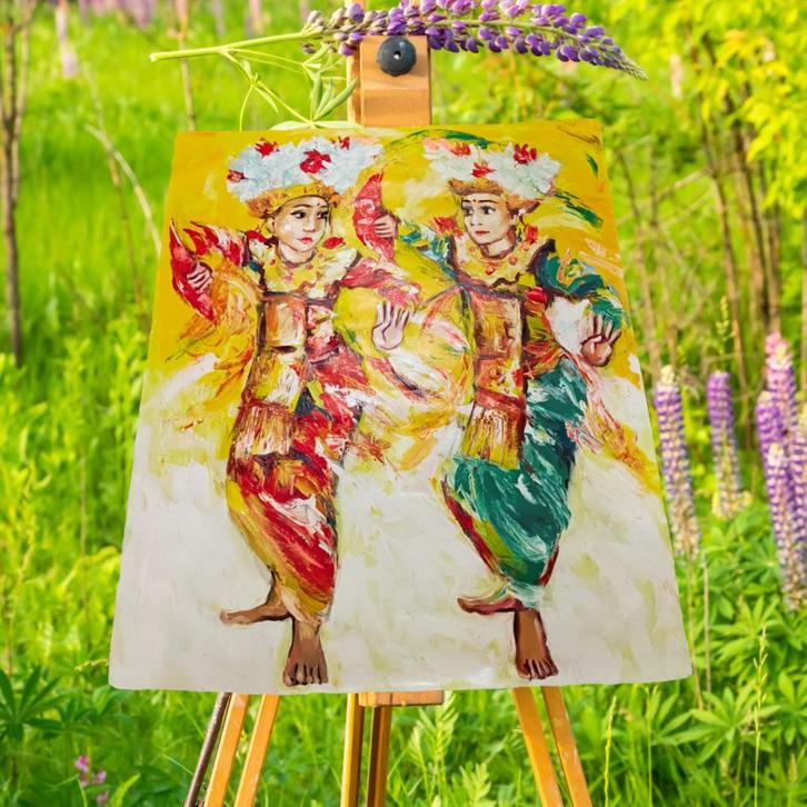 Balinese dans schilderij Handgemaakt Bali Indonesië 120x100, Antiek en Kunst, Kunst | Niet-Westerse kunst, Ophalen of Verzenden