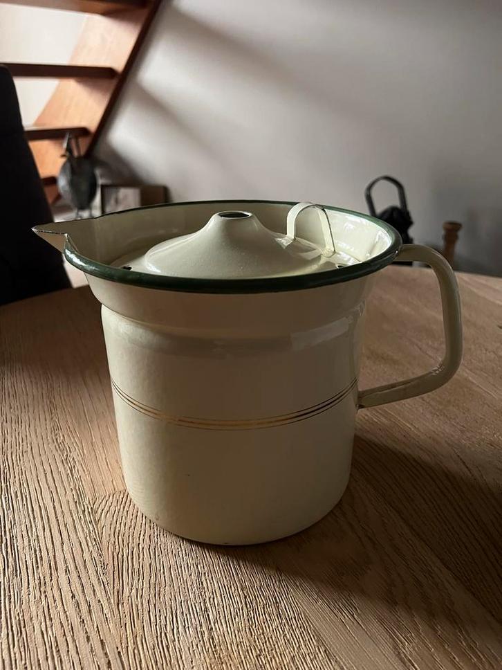 Antieke Emaille Melkkan Groen Beige, Antiek en Kunst, Antiek | Emaille, Ophalen