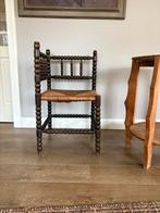 Vintage bobbin houten hoekstoel & paperstraw zitting h72cm, Riet of Rotan, Bruin, Vintage bobbin, Ophalen of Verzenden