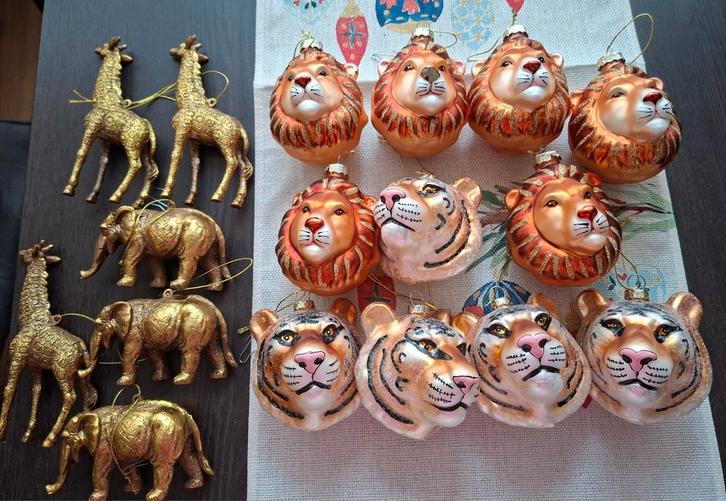 Kerstballen : leeuw,  tijger, olifant en giraf, Diversen, Kerst, Ophalen