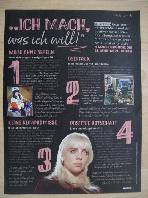 Artikel over Billie Eilish uit Duits tijdschrift Bravo - A4, Verzamelen, Muziek, Artiesten en Beroemdheden, Nieuw, Boek, Tijdschrift of Artikel