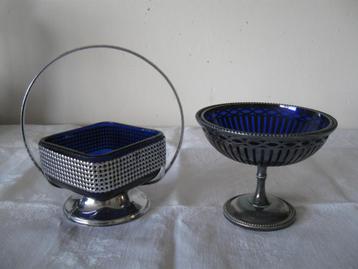 Twee schaaltjes suikerpotjes blauw zilverkleurig vintage beschikbaar voor biedingen