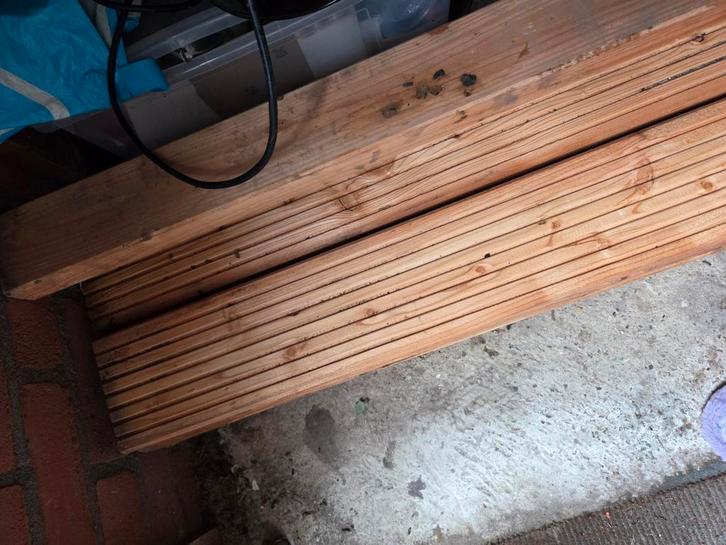 Vlonderplanken en houten balken, Tuin en Terras, Palen, Balken en Planken, Zo goed als nieuw, Balken, 250 cm of meer, Ophalen