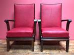 Set van 2 rode art deco fauteuils, massief wengé hout, Huis en Inrichting, Fauteuils, Minder dan 75 cm, Gebruikt, Hout, 50 tot 75 cm