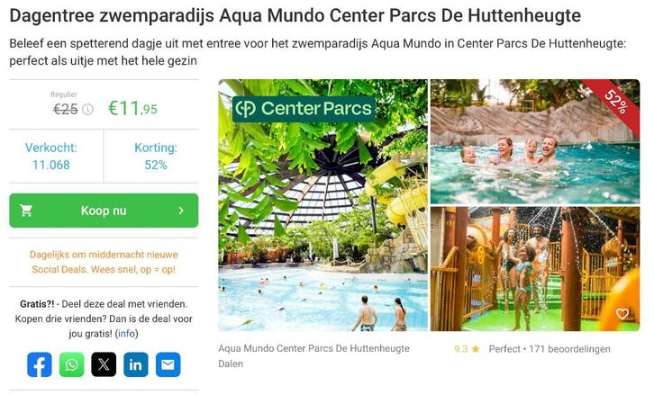 4x Dagentree Zwemmen Aqua Mundo Center Parcs De Huttenheugte, Tickets en Kaartjes, Kortingen en Cadeaubonnen, Drie personen of meer