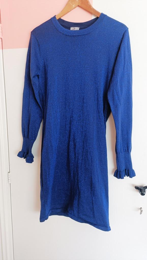 Blauwe glitter jurk / sweater dress, Kleding | Dames, Jurken, Gedragen, Maat 38/40 (M), Blauw, Knielengte, Verzenden