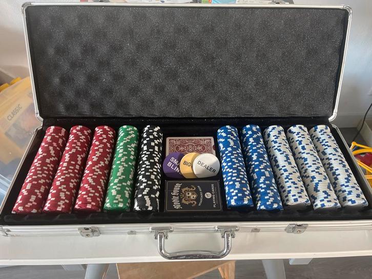 Pokerset met kaarten en fiches in koffer, Hobby en Vrije tijd, Gezelschapsspellen | Bordspellen, Gebruikt, Een of twee spelers
