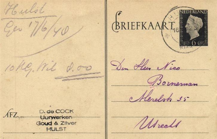 D. de Cock, Uurwerken, Hulst - 06.1948 - briefkaart, Postzegels en Munten, Brieven en Enveloppen | Nederland, Briefkaart, Ophalen of Verzenden