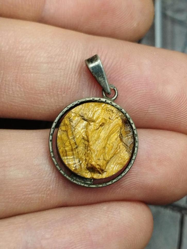 Zilveren hanger, gehalte 835, tijgeroogsteen, Antiek en Kunst, Antiek | Goud en Zilver, Zilver, Ophalen of Verzenden