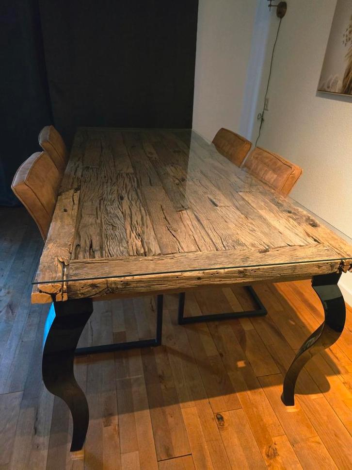Driftwood Eettafel + 4 Cognac Stoelen, Huis en Inrichting, Tafels | Eettafels, Ophalen
