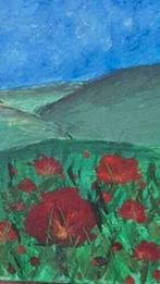 Olieverf schilderij klaprozen in weide met heuvellandschap., Antiek en Kunst, Kunst | Schilderijen | Klassiek, Ophalen