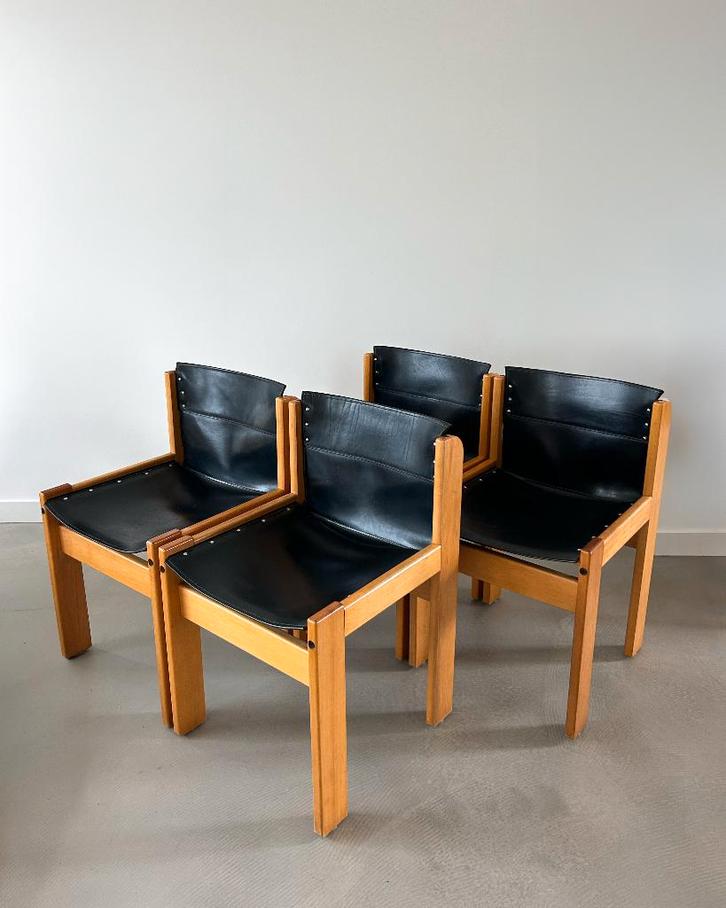 4x Ibisco Stoelen Italie 1970 Vintage, Huis en Inrichting, Stoelen, Gebruikt, Vier, Hout, Leer, Zwart, Ophalen