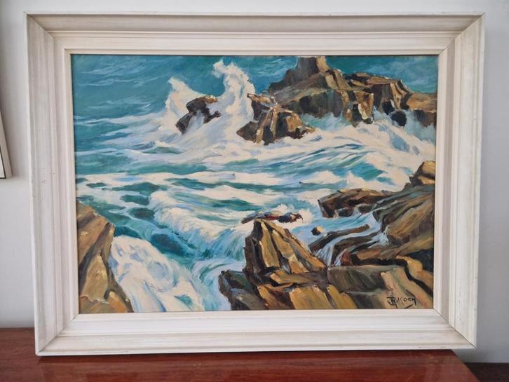 Woeste kustlijn met rotsen - Schilderij door R.Koch 1958, Antiek en Kunst, Kunst | Schilderijen | Modern, Ophalen