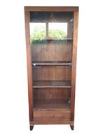 Smalle vitrinekast met lade – donker hout, Huis en Inrichting, Kasten | Vitrinekasten, Eikenhout, Zo goed als nieuw, Art Deco