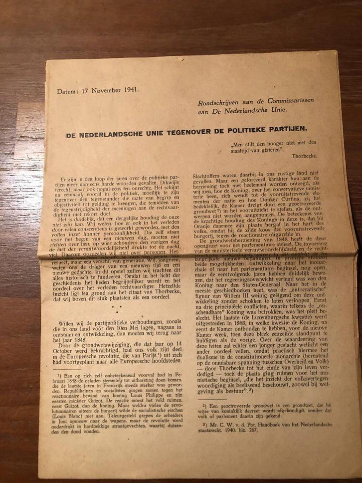 17-11-1942 Ned. Unie. Rondschrijven aan de Commissarissen., Boeken, Oorlog en Militair, Gelezen, Overige onderwerpen, Tweede Wereldoorlog