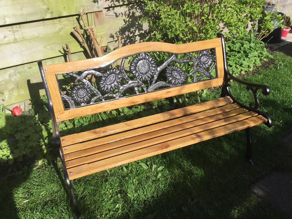 Tuinbank gietijzer met eikenhouten latten., Tuin en Terras, Tuinbanken, Ophalen of Verzenden, Zo goed als nieuw, Hout