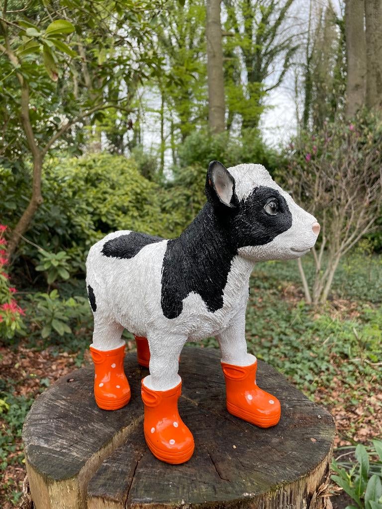 Kalf koe Oranje regenlaarsjes tuin boerderij, Ophalen of Verzenden, Nieuw, Kunststof, Dierenbeeld
