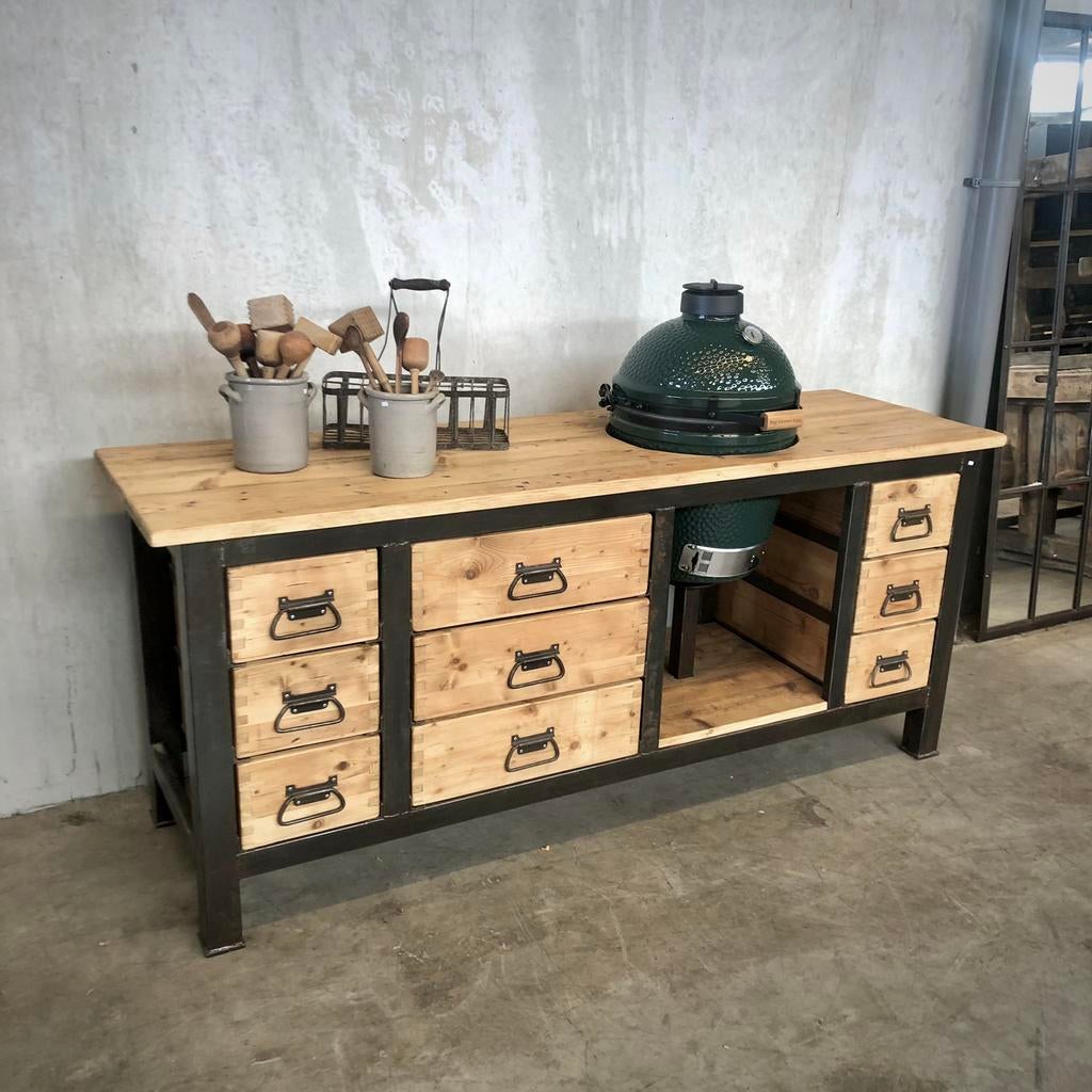 Buitenkeuken, big green egg, keuken, vintage werkbank, Ophalen
