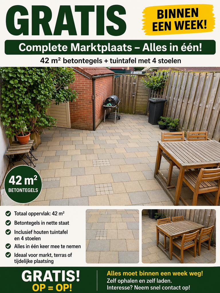 Gratis tuintegels 42m2 met tuin meubels, Tuin en Terras, Tegels en Klinkers, Ophalen, Gebruikt, Beton, Terrastegels