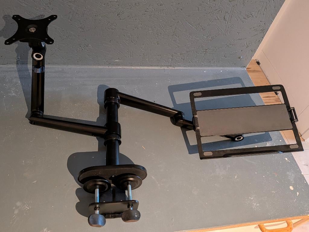 Monitorarm met Laptophouder – Verstelbaar – Zwart, Ophalen, Gebruikt, Overige typen, Onbekend