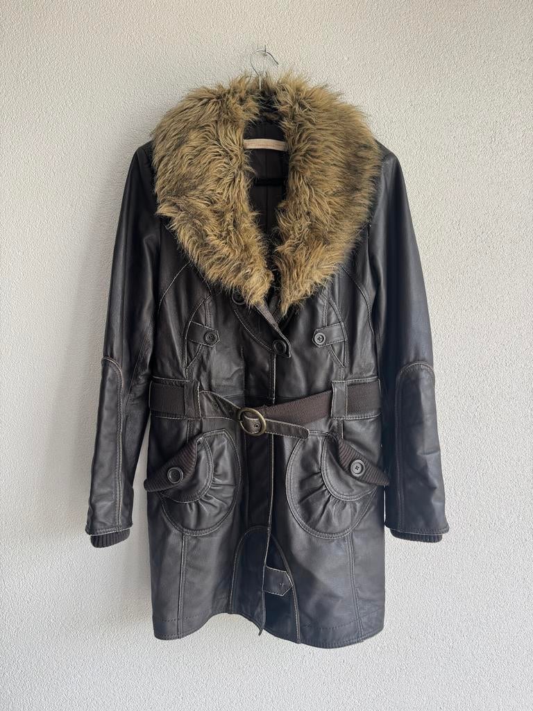 Vintage mooie bruine echt leren jas met imitatiebonten kraag, Vintage, Bruin, Vintage, Maat 42/44 (L)