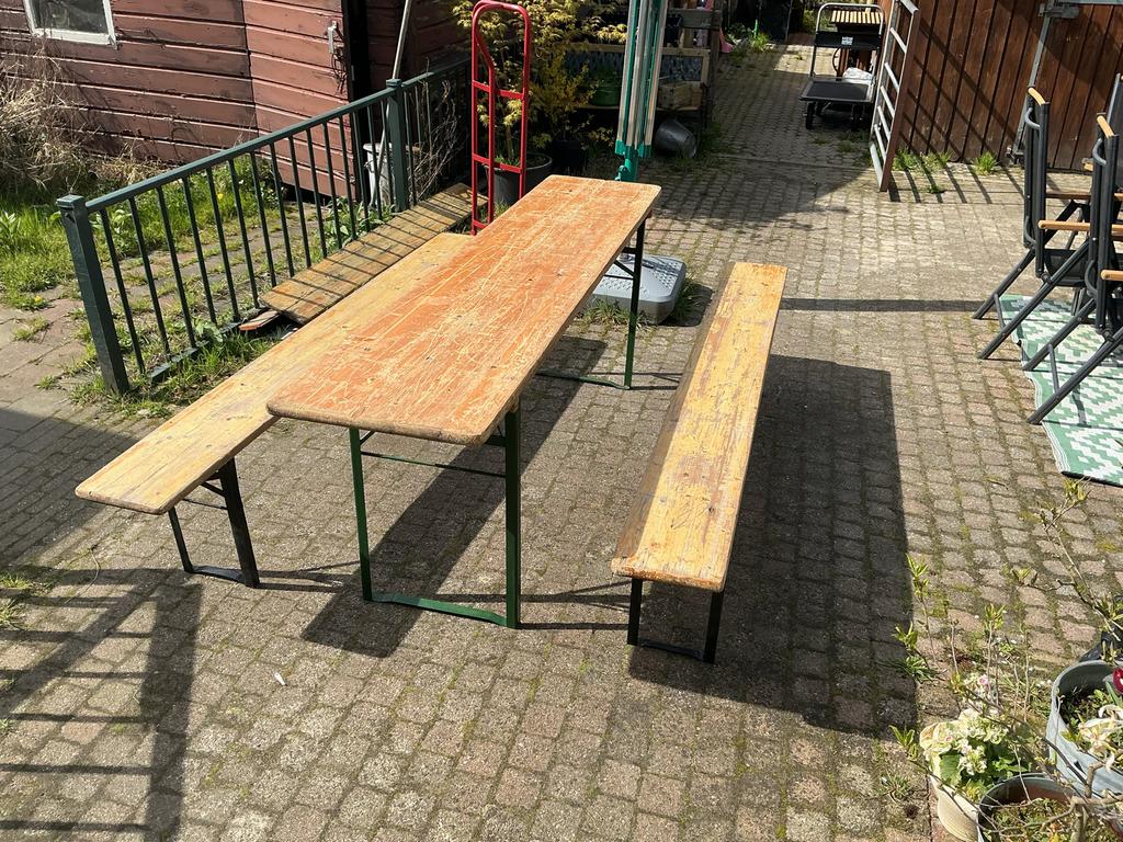 Biertafel set compleet 220 cm lang tafel 50cm breed geleeft., Ophalen, Hout, Overige typen, Gebruikt