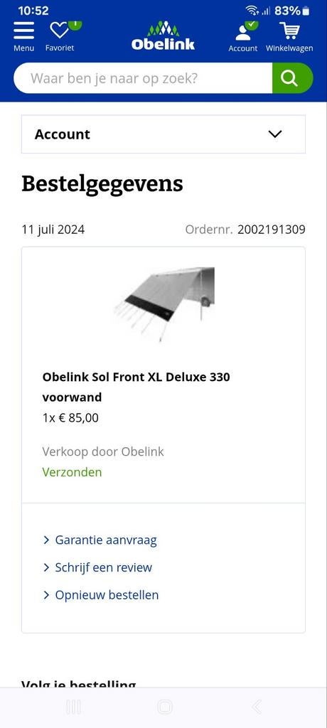 Obelink Sol Front XL Deluxe 330 voorwand zonnescherm, Caravans en Kamperen, Ophalen, Nieuw