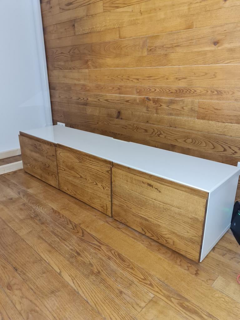 Besta tv meubel 180 eikenhouten frontjes glazen blad lampen, Ophalen, 150 tot 200 cm, Eikenhout, Minder dan 100 cm