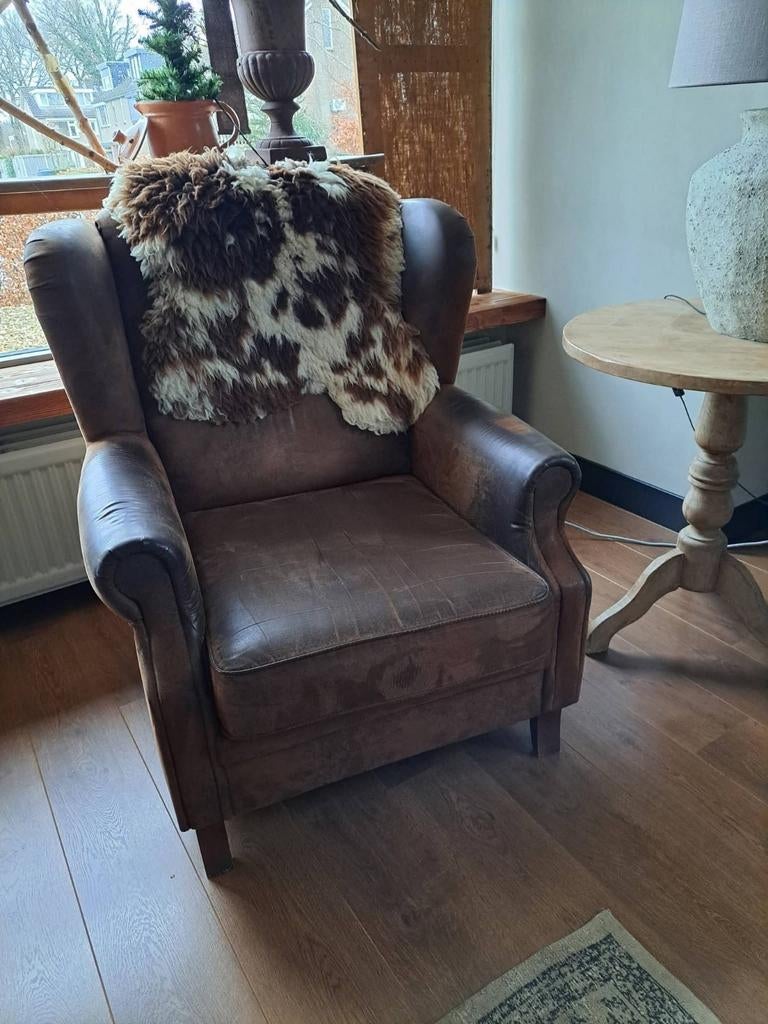 Bruine fauteuil stoel vintage,sober,landelijk, Ophalen, Gebruikt, 75 tot 100 cm, X