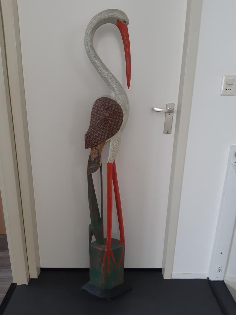 Grote houten ooievaar sculptuur - Handgeschilderd, Ophalen, Beeld, Hout, Vogel