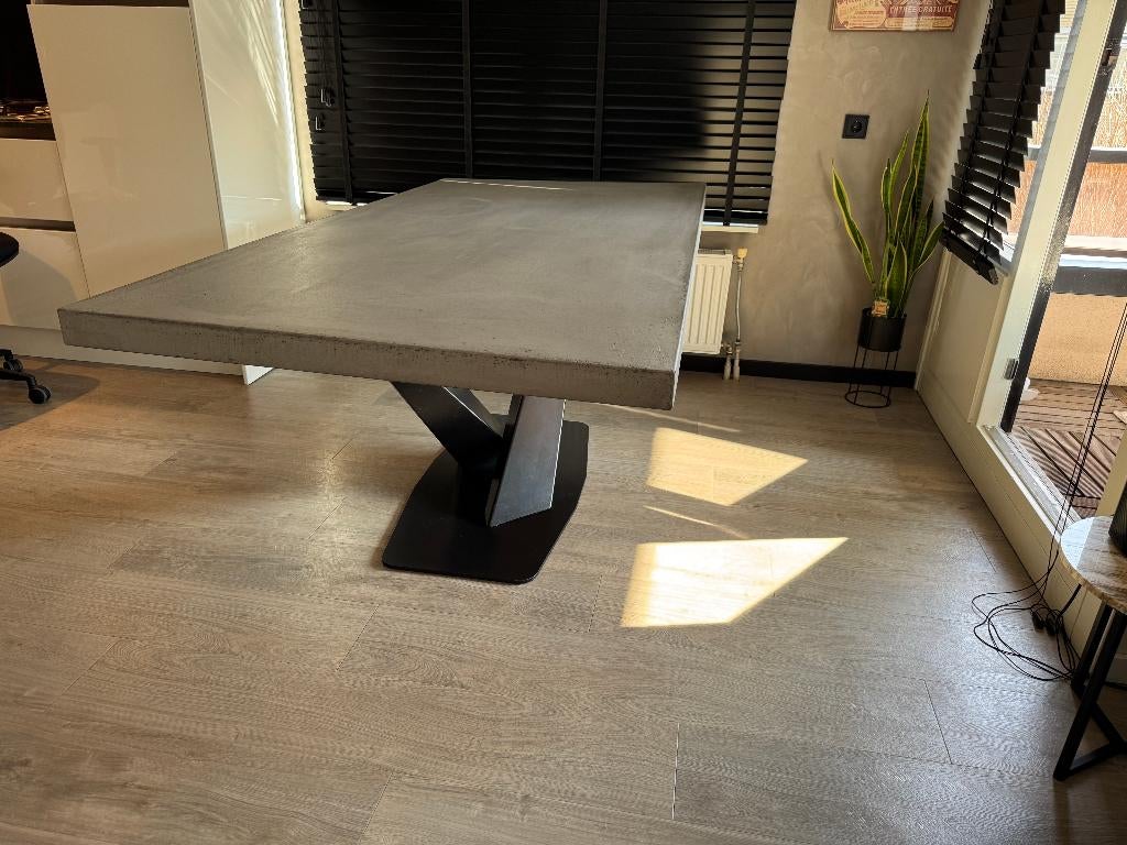 Betonlook eettafel - twisted V-poot – industrieel - 200x100, Ophalen, 200 cm of meer, 50 tot 100 cm, Zo goed als nieuw