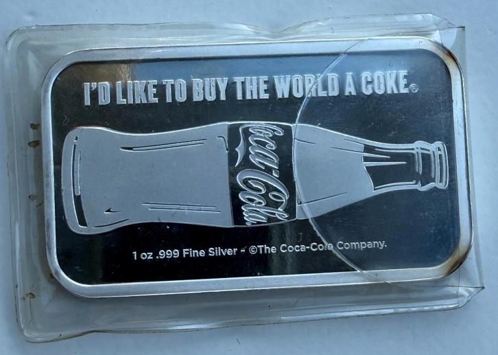 Coca Cola 1oz .999 zilverbaartje proof (met randverkleuring), Postzegels en Munten, Edelmetalen en Baren, Zilver, Ophalen
