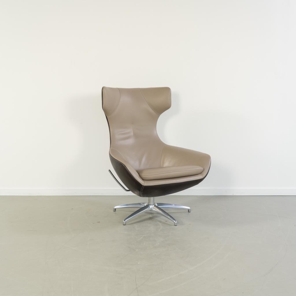 1 Leolux Caruzzo Fauteuil + Hocker Bruin/Mokka Leer - Chroom, Niet ingevuld, Gebruikt, Niet ingevuld, 75 tot 100 cm