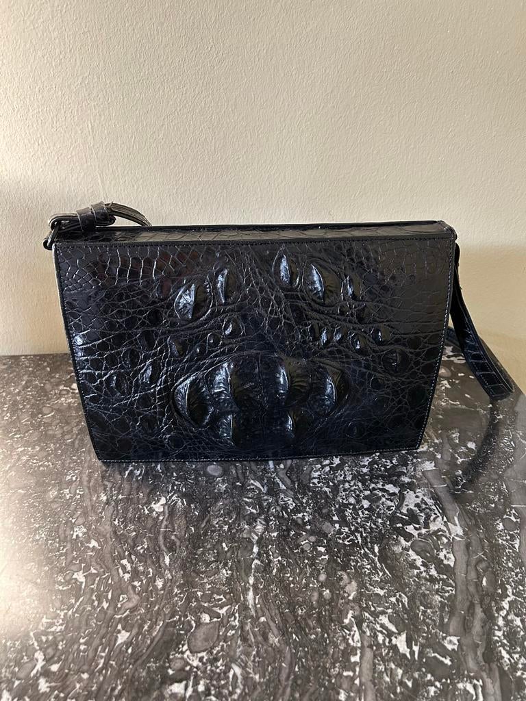 Vintage Krokodillen Handtas Zwart Leer 25x18 cm, Ophalen of Verzenden, Gebruikt, Zwart, Handtas