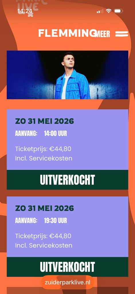 Kaartjes ruilen 31 mei Zuiderpark Flemming, Tickets en Kaartjes, Concerten | Overige, Twee personen, Mei
