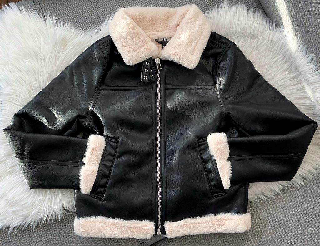 H&M Faux Leren Fur Sherpa Teddy Biker Pilot Jack Jas, Verzenden, Nieuw, Maat 34 (XS) of kleiner, Zwart