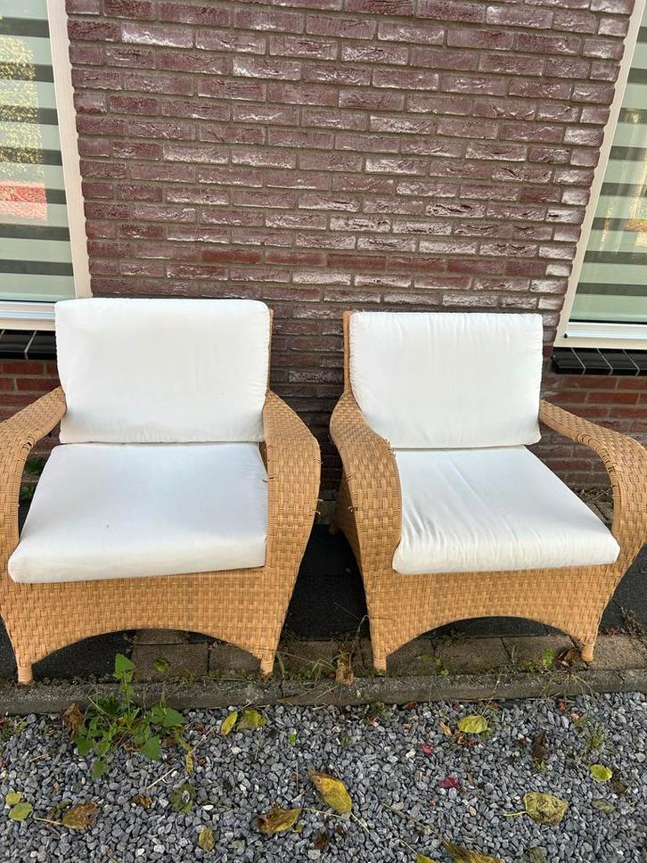 2 Comfortabele Wicker Tuinfauteuils met Kussens, Tuin en Terras, Tuinstoelen, Gebruikt, Wicker, Ophalen