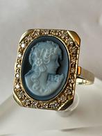 Gouden Camee Ring met Blauwe Agaath en Diamanten, 14 CT, Zo goed als nieuw, 17 tot 18, Met edelsteen, Dame