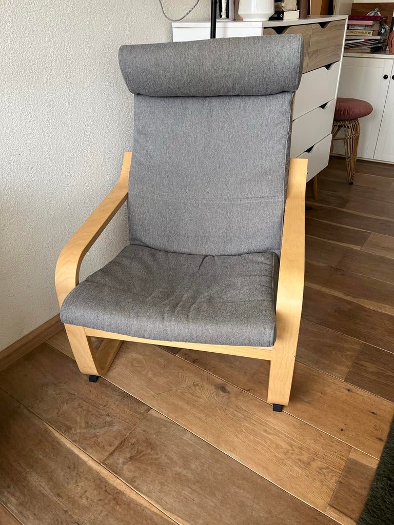 IKEA POÄNG Fauteuil - Berkenfineer/Skiftebo lichtgrijs, Ophalen, Zo goed als nieuw, Hout