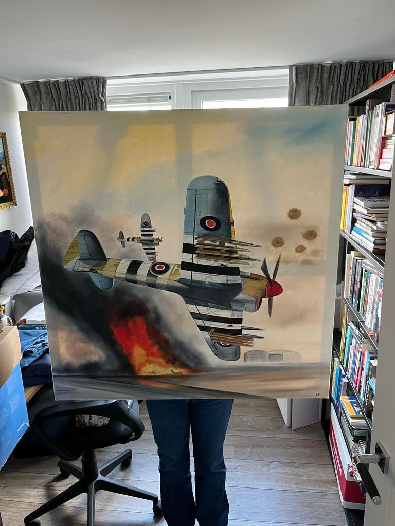 Schilderij met vliegtuigen, Antiek en Kunst, Kunst | Schilderijen | Klassiek, Ophalen of Verzenden