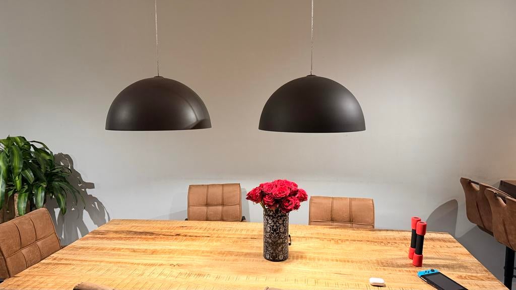 Hanglamp met twee kappen, Huis en Inrichting, Lampen | Hanglampen, Ophalen, Zo goed als nieuw, Metaal, 75 cm of meer