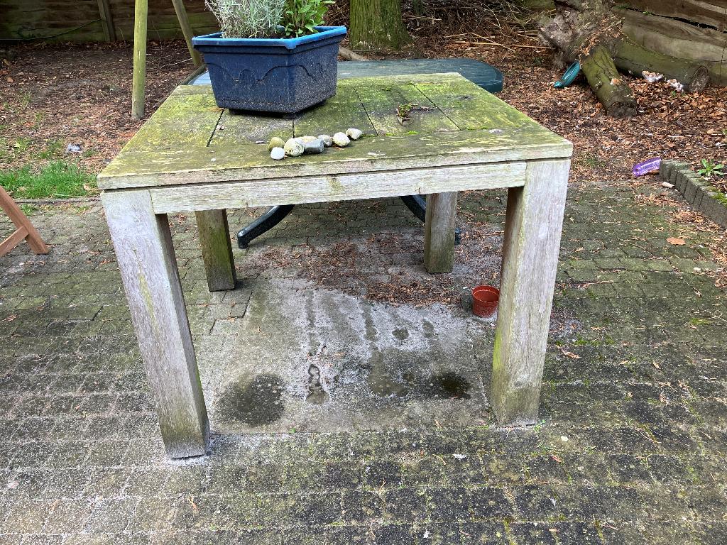 Houten tafel 1x1m buiten, Tuin en Terras, Tuintafels, Ophalen, Gebruikt, Vierkant, Hout