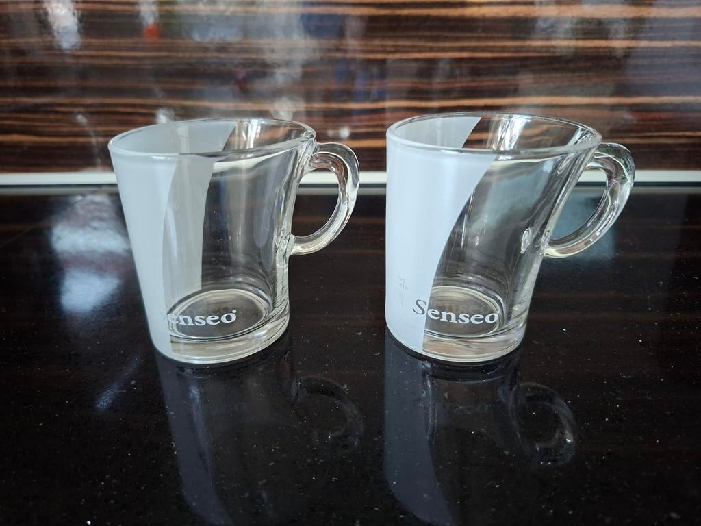 2 Douwe Egberts Senseo glazen schuin gebruikt weinig, Ophalen of Verzenden, Gebruikt, Glas, Overige typen