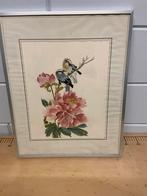 Vintage Aquarel Schilderij: Bloemen en Vogels, Gesigneerd, Ophalen