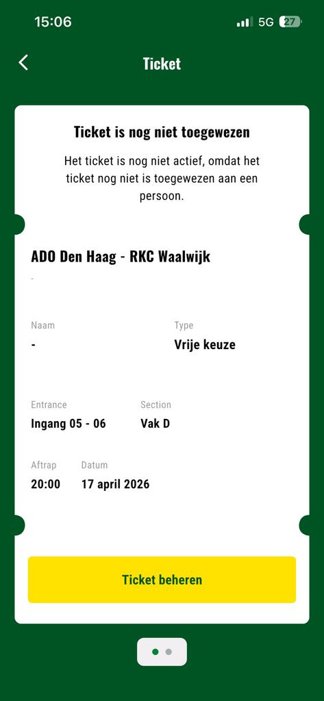 Ticket ADO Den Haag - RKC Waalwijk, Losse kaart, Eén persoon, April