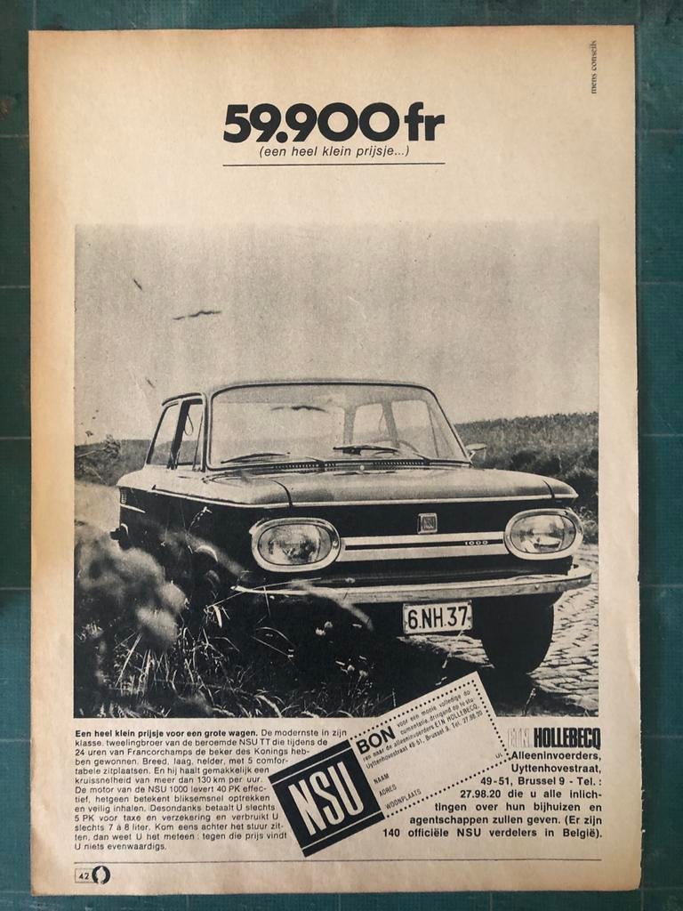 NSU 1000: Een kleine prijs voor een grote wagen, Ophalen of Verzenden, 1960 tot 1980, Knipsel(s)