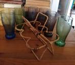Vintage rekje rotan met 6 gekleurde colaglazen, Ophalen of Verzenden