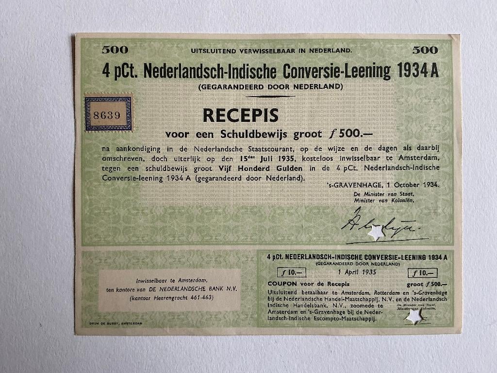 4% Nederlands-Indië 1934A, Recepis 500 Gulden, Specimen, Postzegels en Munten, Aandelen en Waardepapieren, Ophalen of Verzenden