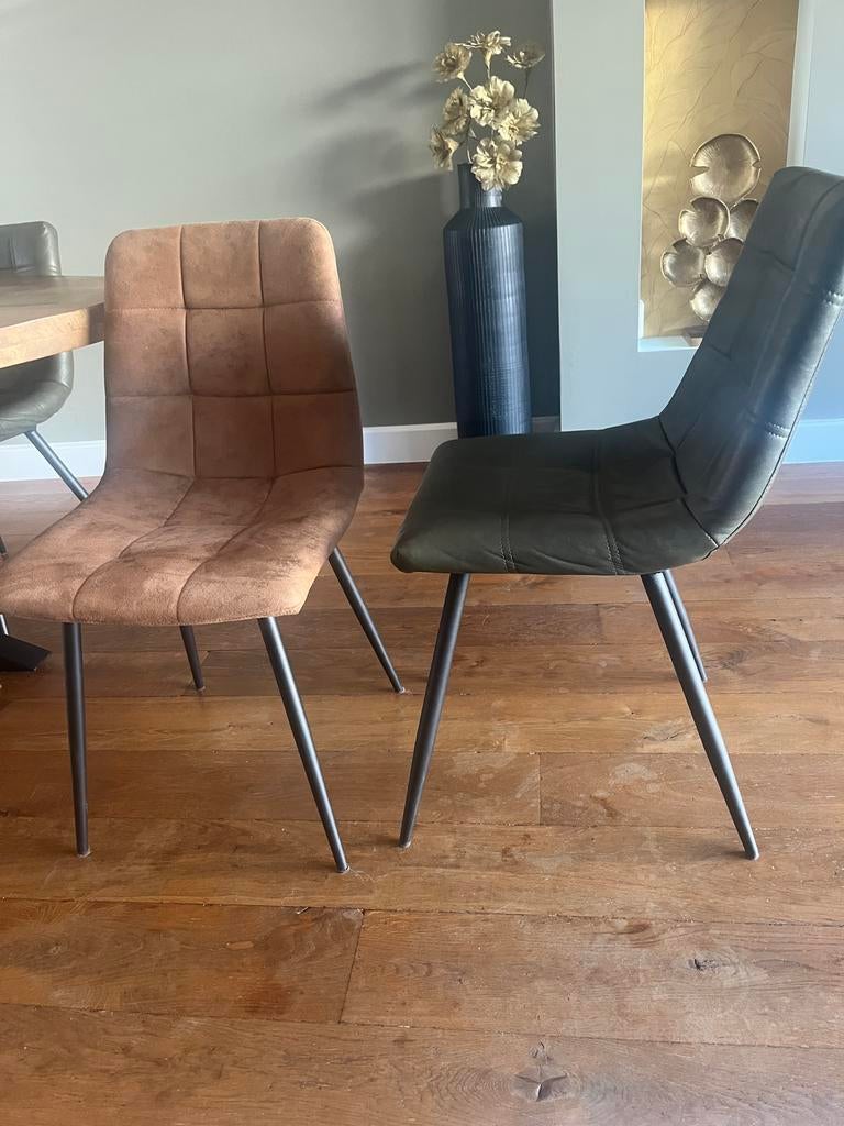 8 moderne eetkamerstoelen, industrieel design – groen &taupe, Ophalen of Verzenden, Zo goed als nieuw, Stof