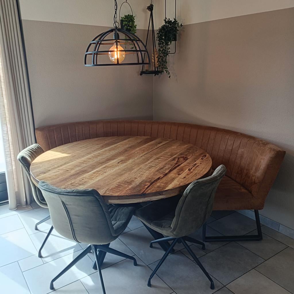 Complete eethoek: eetbank, 3 stoelen en mango houten tafel, Ophalen, Gebruikt, 4 tot 6 stoelen